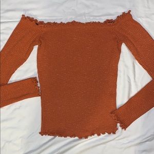 Off the Shoulder Rib-Knit Lettuce Trim Long Sleeve